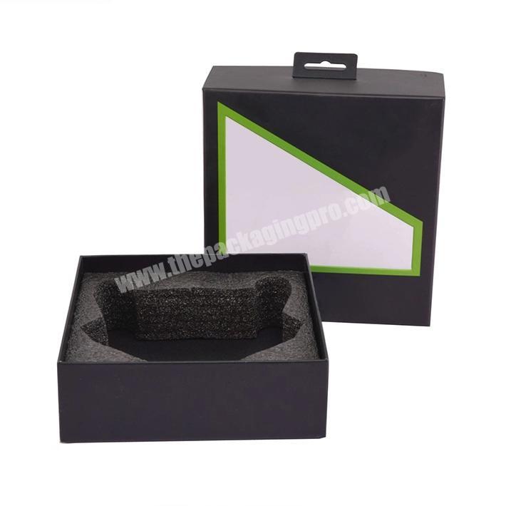Custom black paper cardboard gift packaging box with clear plastic PVC window for earphone headphone packaging