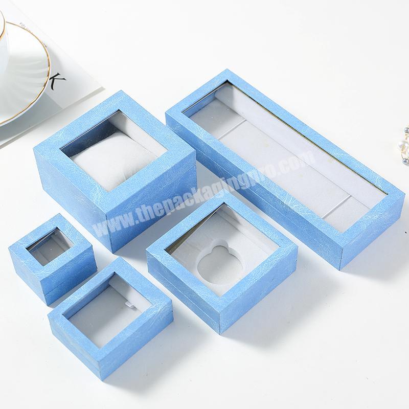 custom blue art paper small  jewelry packaging paper box with windows  for ring bracelet necklace packaging box for birthday
