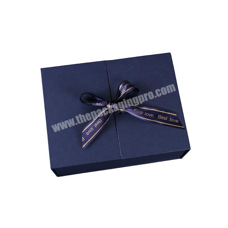 Custom blue gift box double open ribbon holiday wrapping gift box cosmetics box