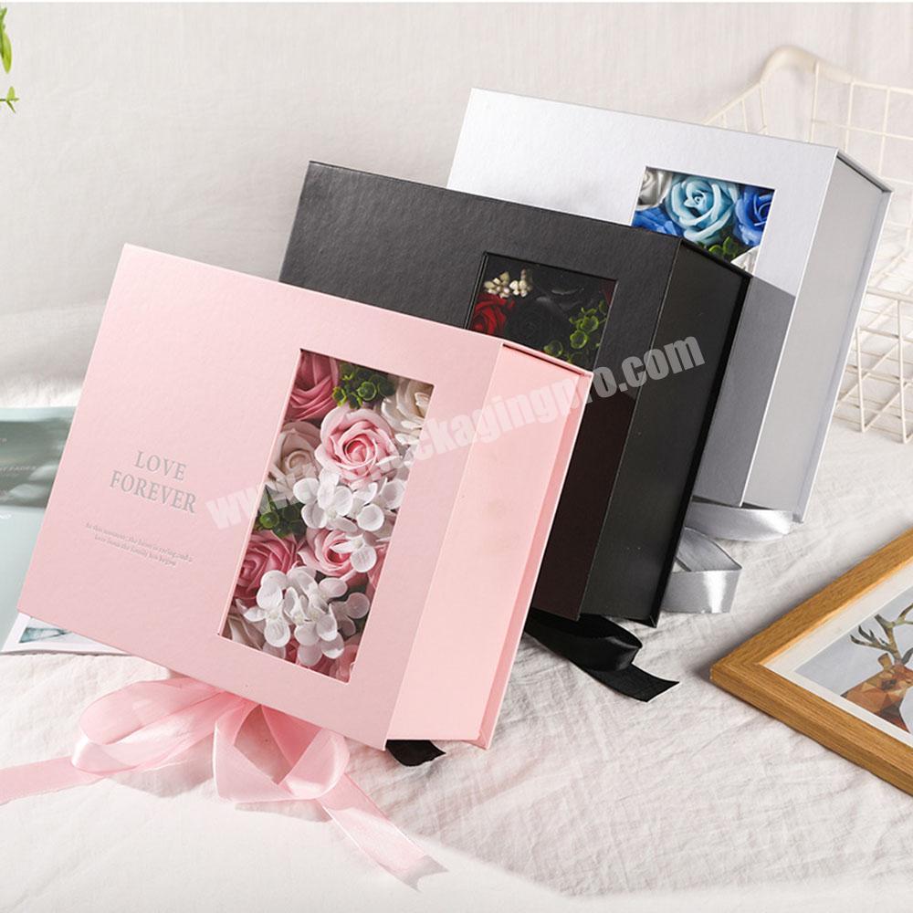 Custom Cardboard Rose Flower Packaging Boxes Paper Gift In Stock With Ribbon
