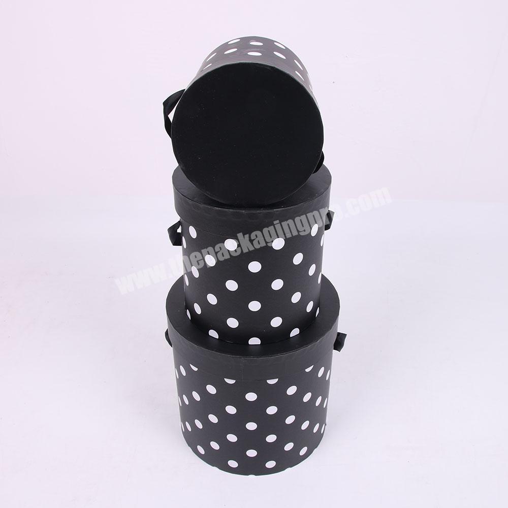 Custom Cardboard Round Black And White Dots Gift Box With Ribbon Handles