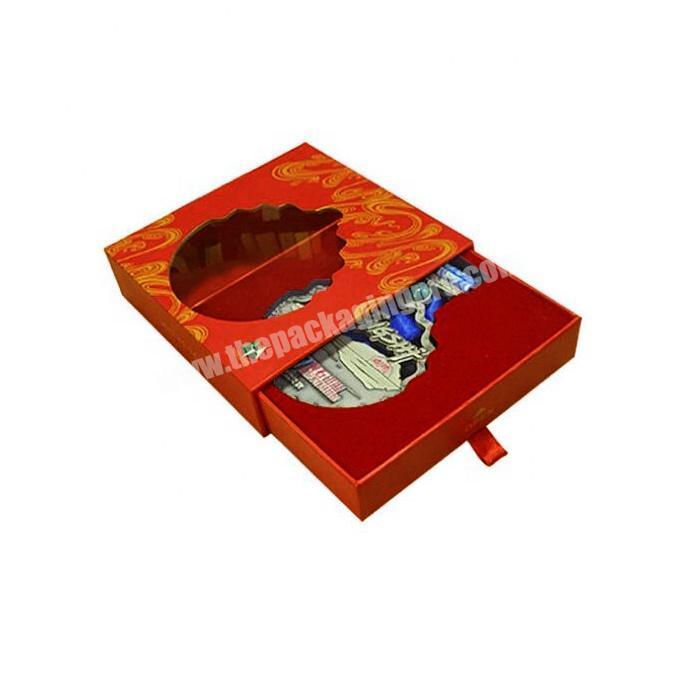 custom color printing red paper sliding medal display drawer rigid gift packaging box with flocked EVA and clear PET window