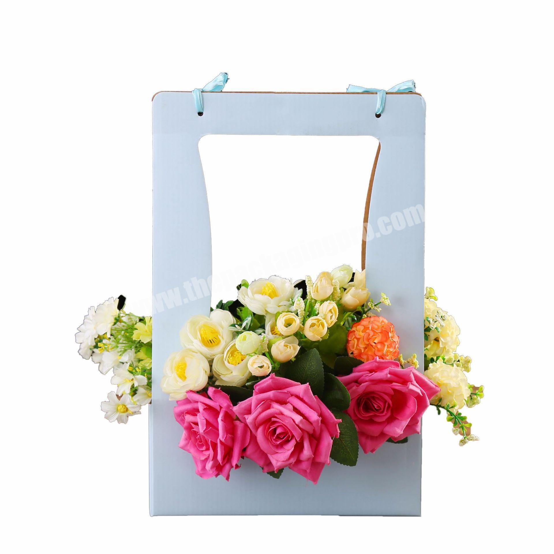 Custom decorative fresh flower retail box bouquet packaging carry paper bag with slik ribbon