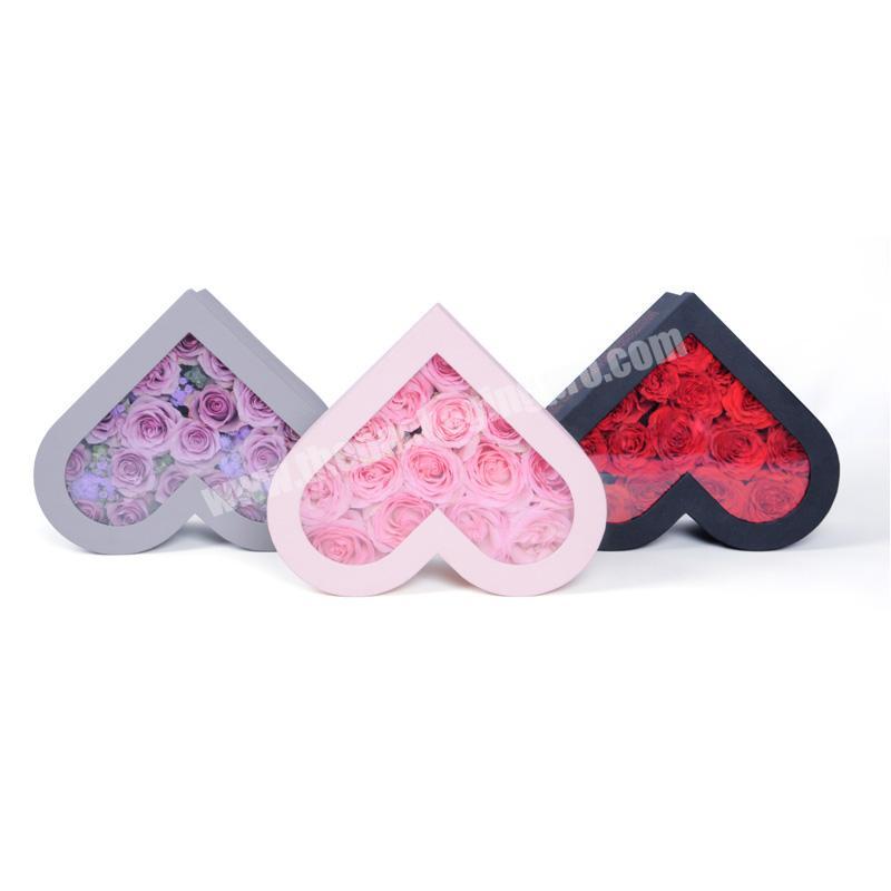 Custom difference size heart shape packaging boxes for flower,black flower box with PVC lid