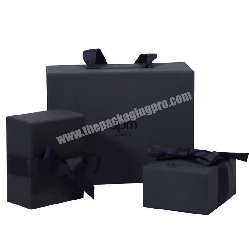 Custom Embossed Black Hot Stamping Logo Cardboard Jewelry Set Gift Box with Ribbon