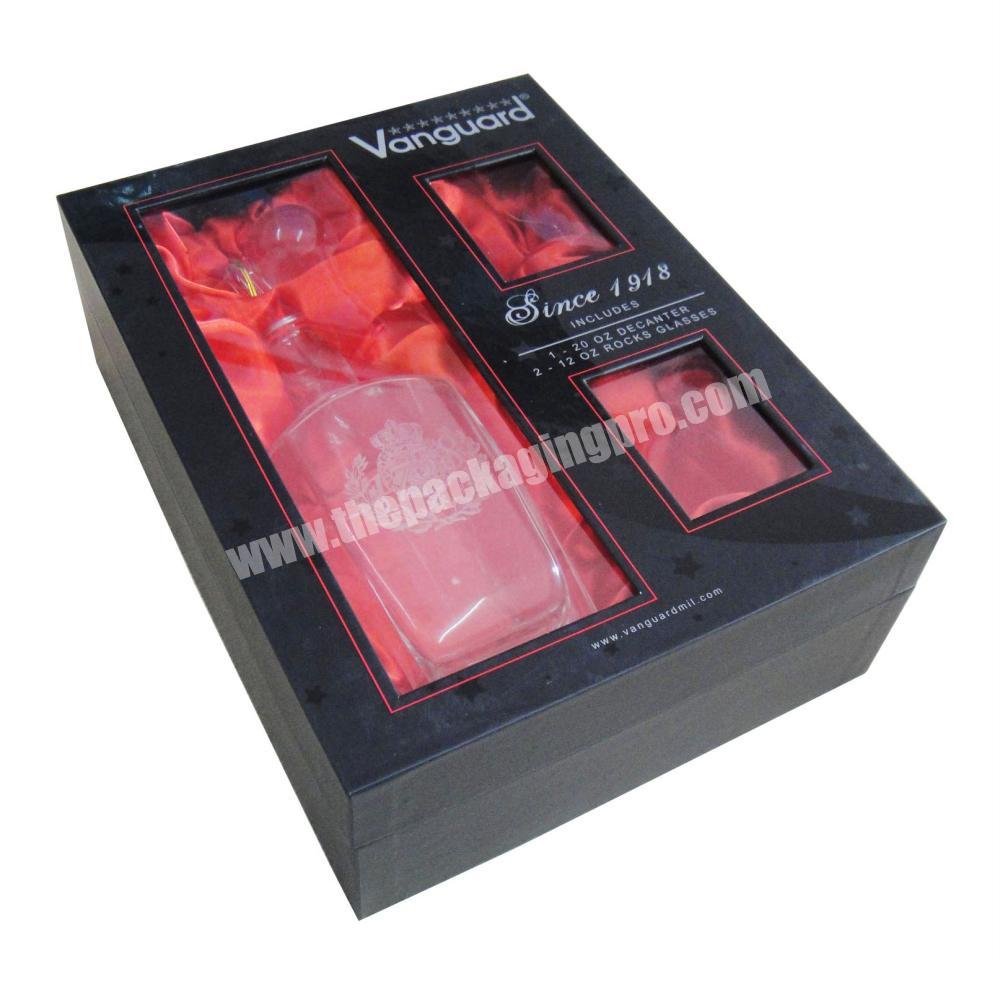 custom excellent drink set clear windowed cardboard display box with satin insert for decanter and rock glasses