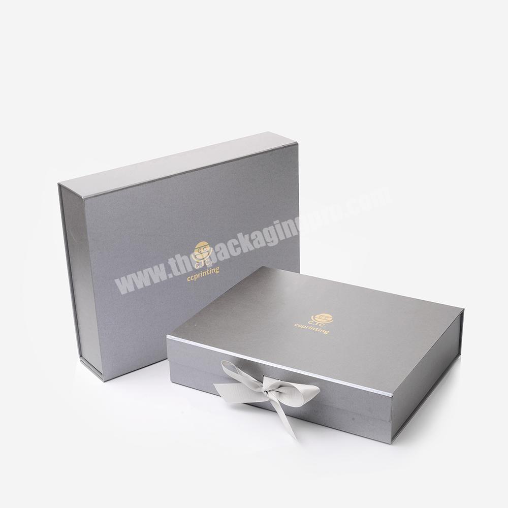 Custom Fashion Square Collapsible Rigid Silvery Flap Cardboard Ribbon Paper Folding Magnetic Closure Gift Box