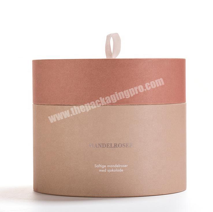 Custom high-end gift paper box cylinder hot silver ribbon handle tea chocolate paper tube wedding candy paper can
