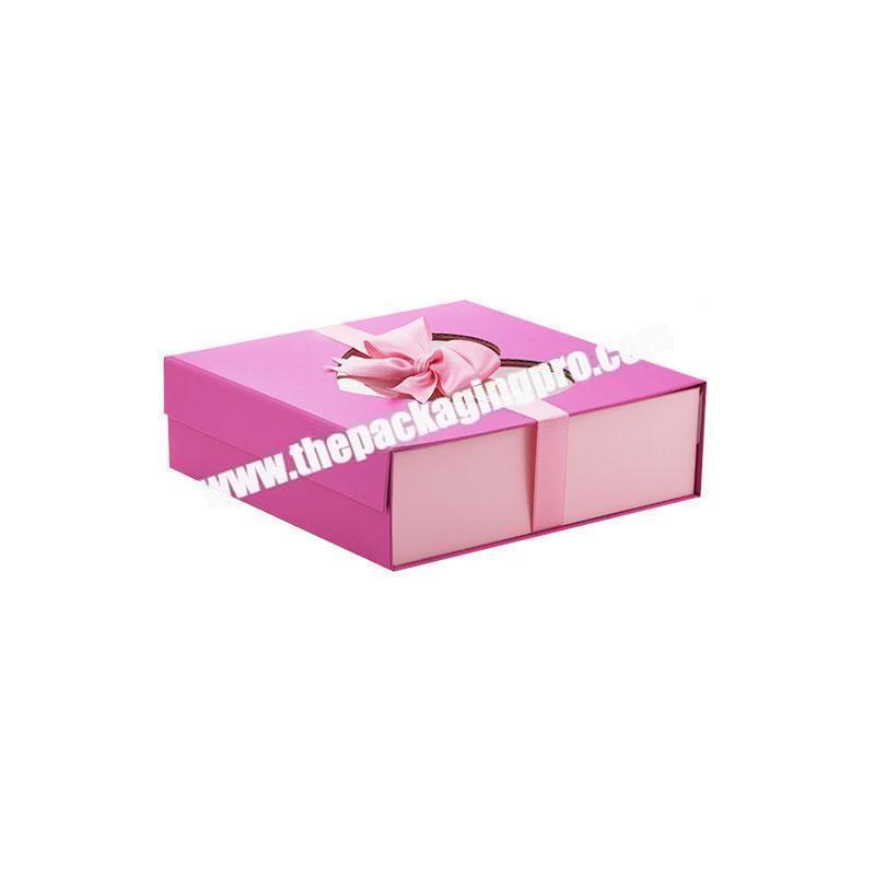 Custom high quality luxury pink folding flat magnetic flap gift boxes with ribbon