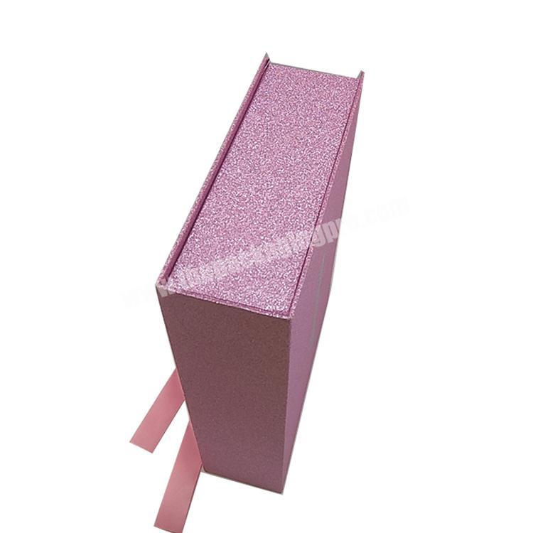 Custom high quality rigid cardboard glitter paper luxury wig box packaging with silk ribbon and satin