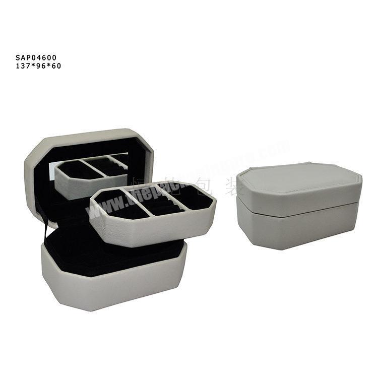 custom jewelry box;white PU wooden elegant  jewelry makeup storage case with mirror;Low MOQ jewelry storage box pu