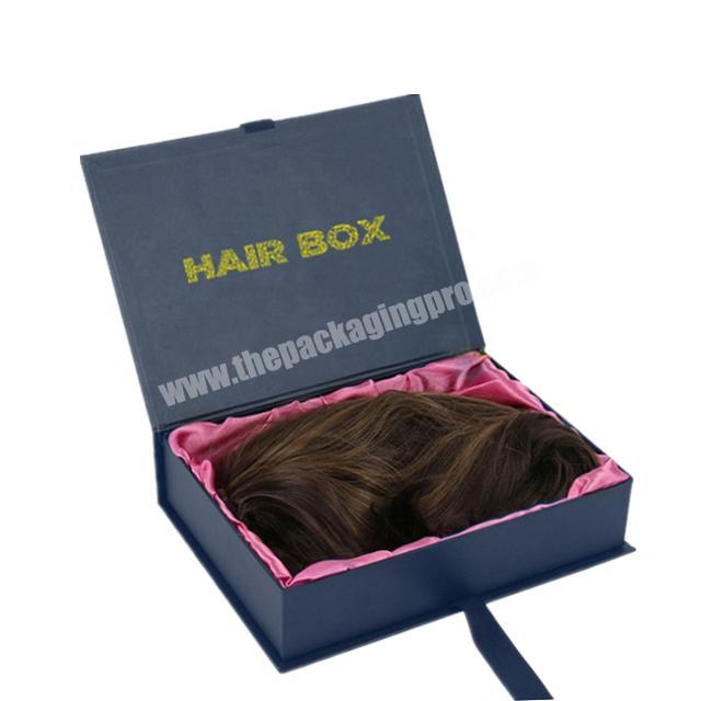 Custom logo cardboard ribbon closure black hair packaging boxes for wigs