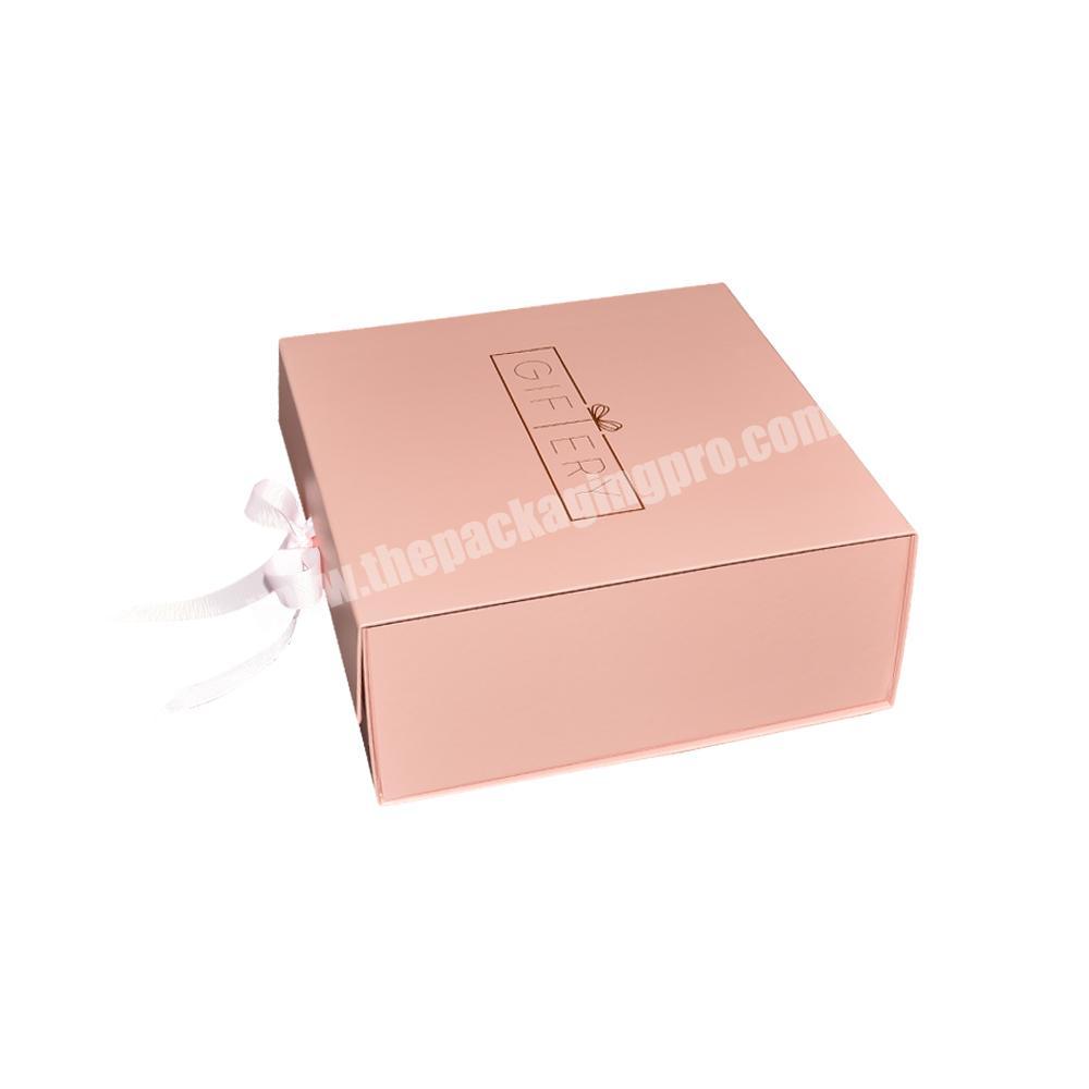 Custom Logo Laminated Box Foldable Gift Box Pink Boxes with Ribbon for Hair Extension Wigs Gift Box for Wholesale