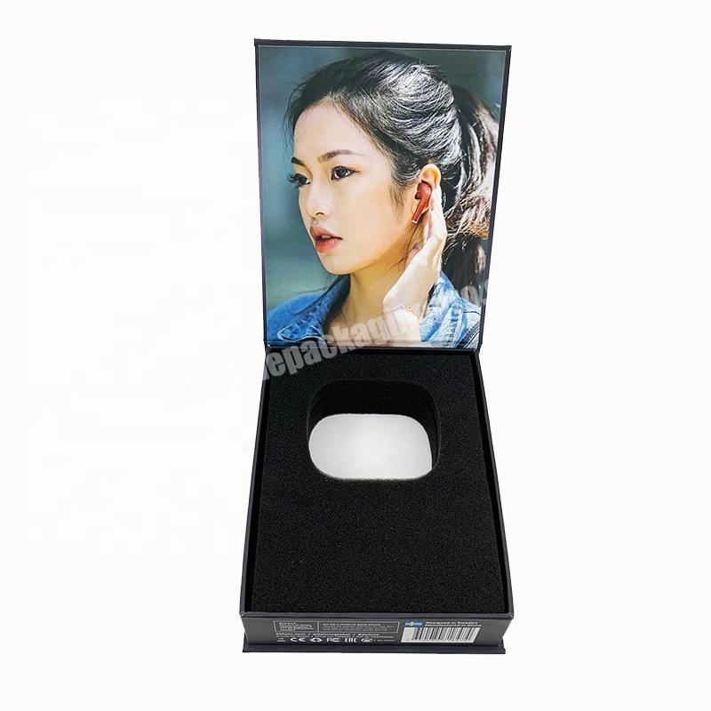 Custom logo luxury cardboard paper made bluetooth headset magnet flap packaging box with sponge tray