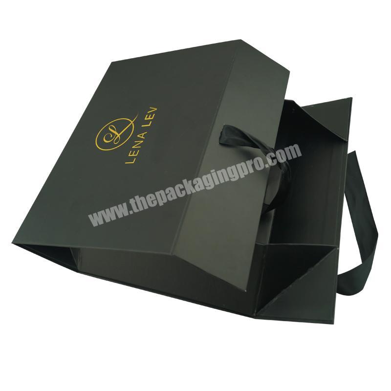 Custom Logo Luxury Full Color Printed Cardboard Packaging black Magnetic Folding Gift Box With Ribbon Closure Wholesale