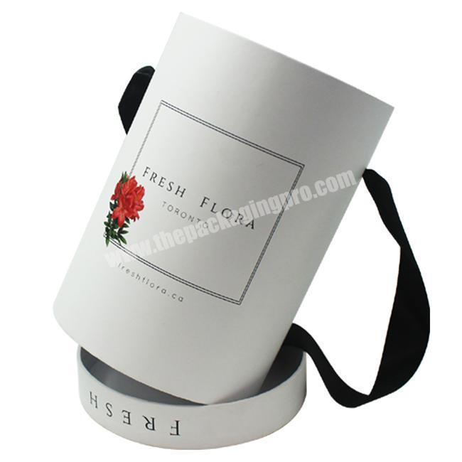 Custom Logo Material White Cardboard Tube Rose Gift Paper Round Flower Box with Black Ribbon