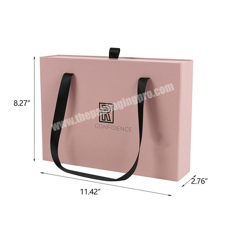 custom logo matt pink box with black ribbon handle drawer box for clothes packaging