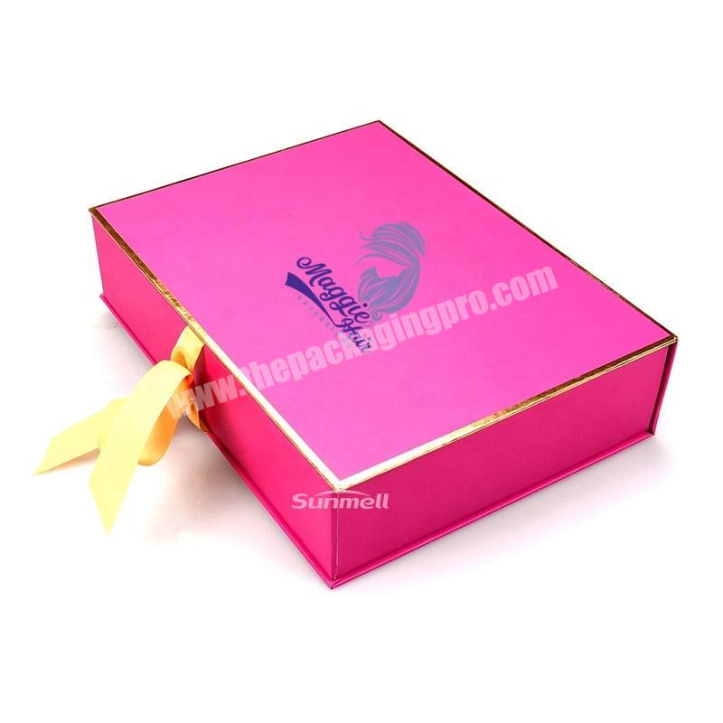 custom logo pink packaging hair extension boxes with ribbon closure