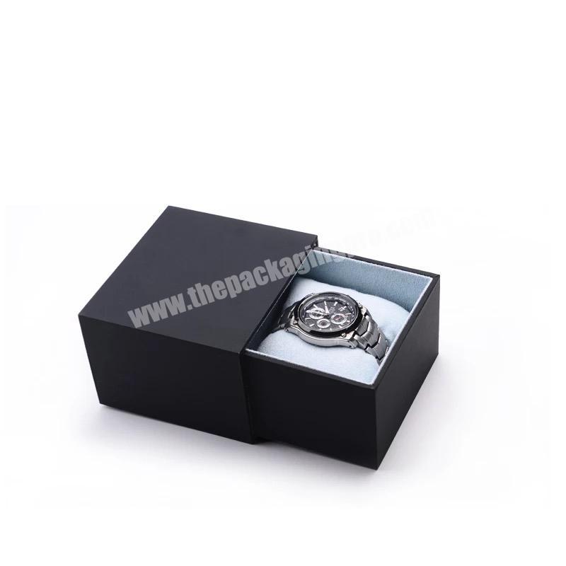 Custom Logo Print Black Watch Drawer Gift Box Case Packaging with Lid Luxury Cardboard Strap Sliding Paper Box Packing with Foam