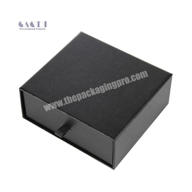 Custom Logo Printed Black Jewelry Watches Packaging Drawer Paper Boxes With Pull Out Ribbon