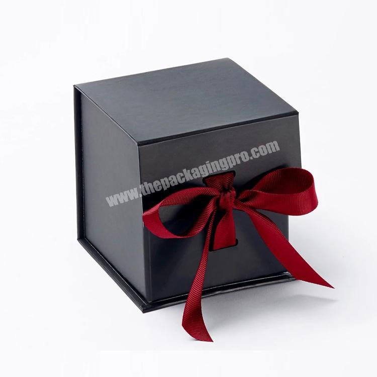 Custom luxury 1200gsm gray paper cardboard foldable black candle gift box with ribbon