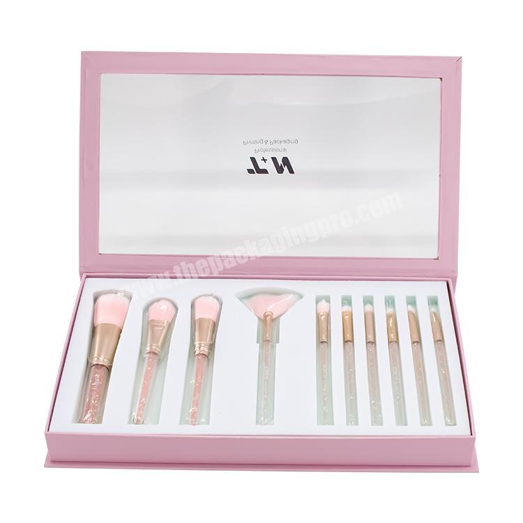 Custom luxury book shape makeup brush set packaging gift box with PVC window