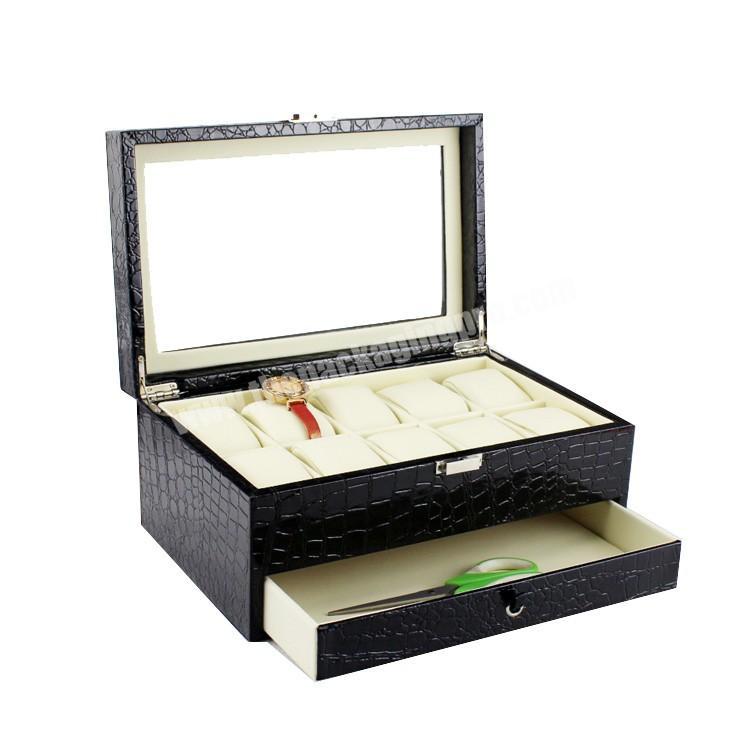 Custom Luxury Design Pu Leather Drawer Glass Top With Lock Jewelry Box