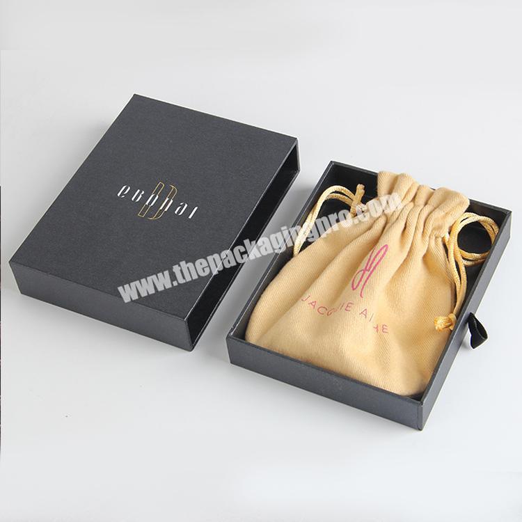 Custom Luxury Modern Black Card Jewelry Packaging Box With Pouch Set