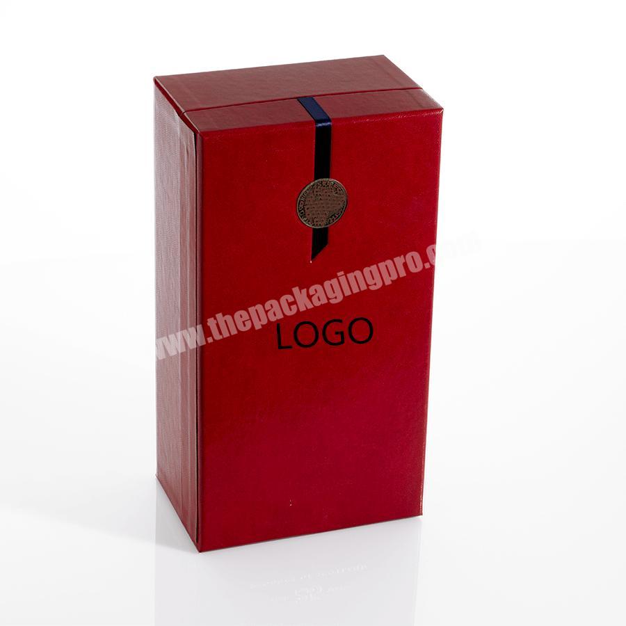Custom luxury red art paper cardboard packaging magnetic wine gift box with silk ribbon insert