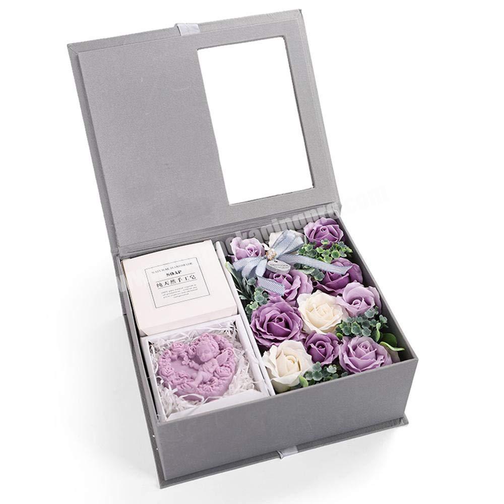 Custom luxury rose soap gift set rigid folding box with ribbon and clear window