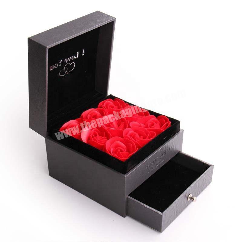 Custom Luxury Square Black 2 layers Paper Cardboard Flower Packing Box With Drawer