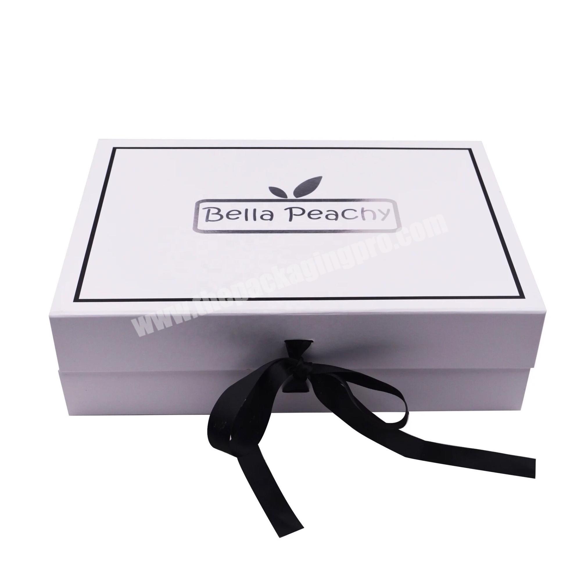 Custom luxury white magnet folded gift boxes with black ribbon closure