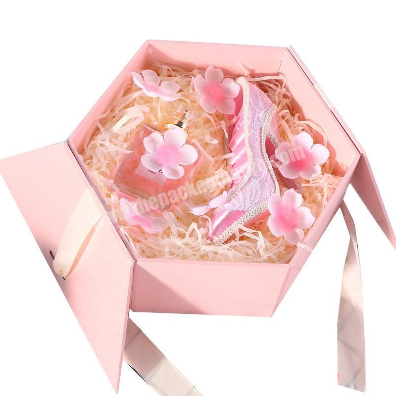 custom made hexagonal decorative cardboard pink wedding candy & chocolates packaging boxwith ribbon closure