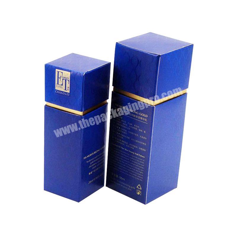 custom made lux elegant blue cosmetic skin care telescoping top bottom rigid cardboard gift packaging box with EVA foam insert