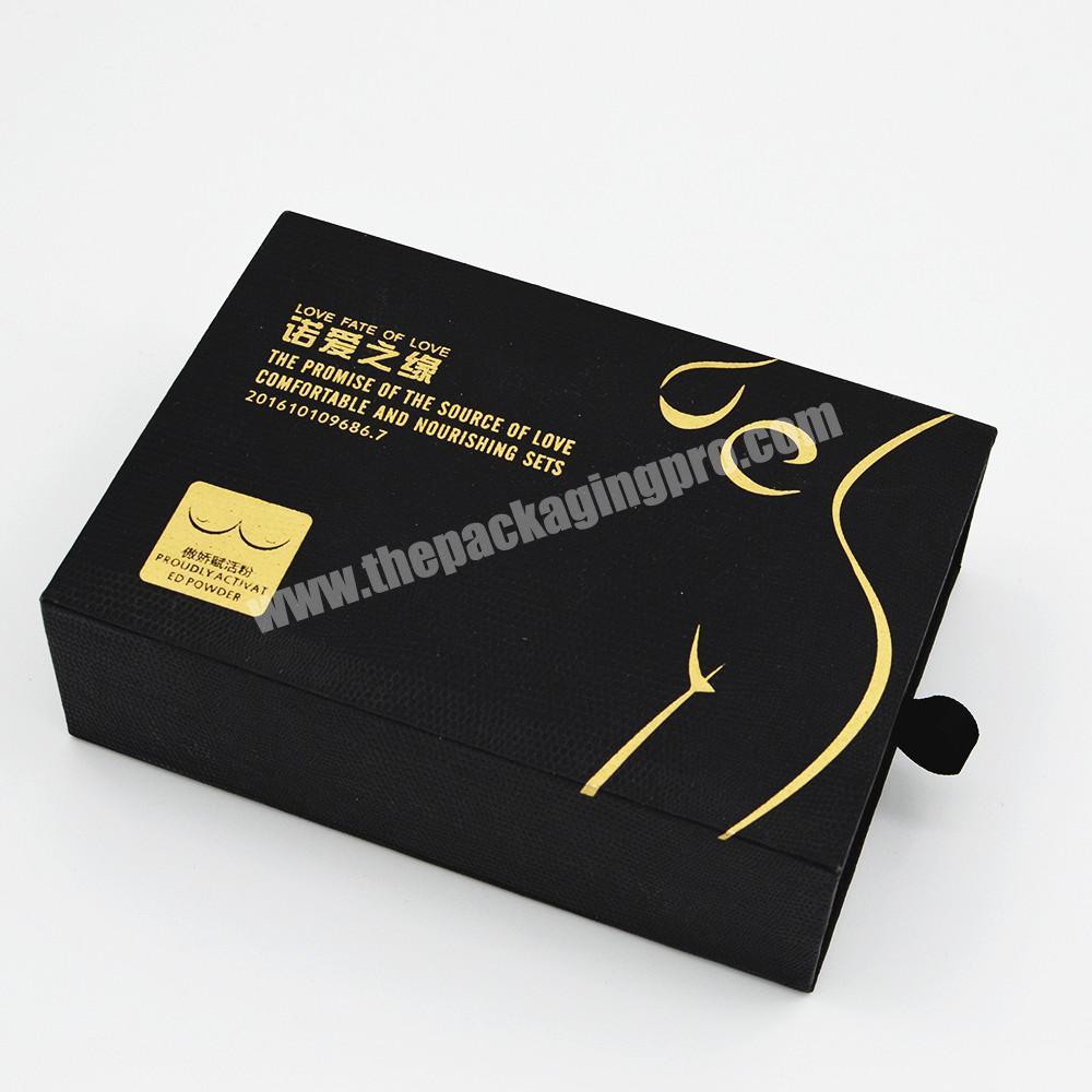 Custom made slice drawer box with black textured paper and gold hot foil logo