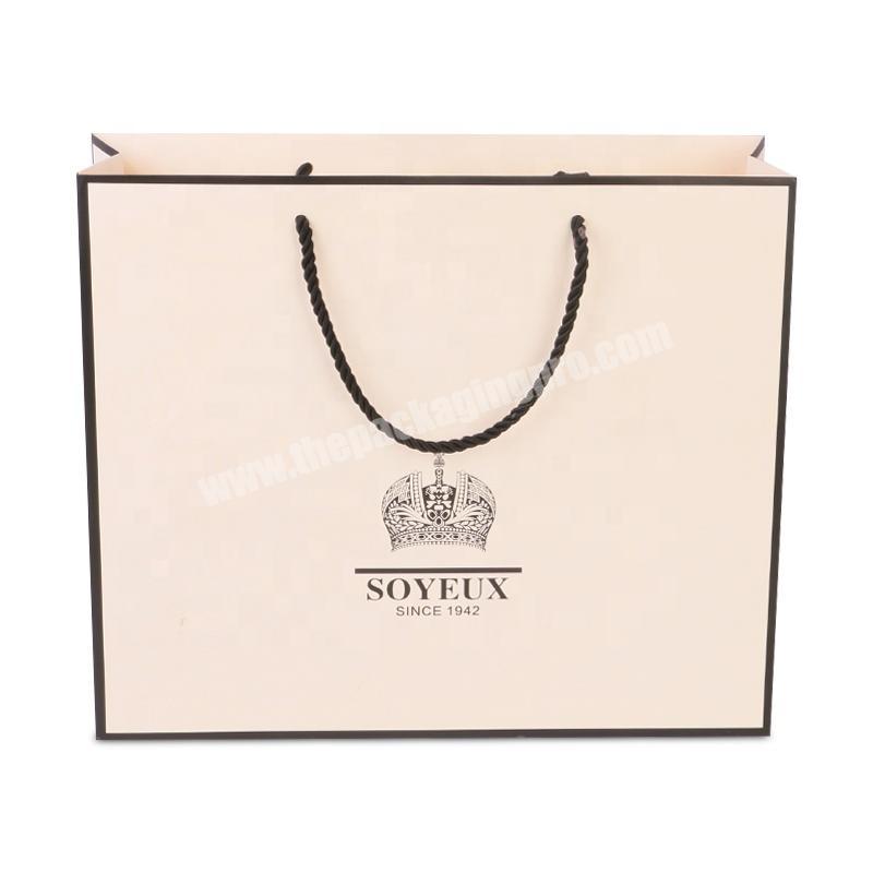 custom made various size ivory matte black color shopping paper bag with ppcottonribbon rope for clothes sac en papier