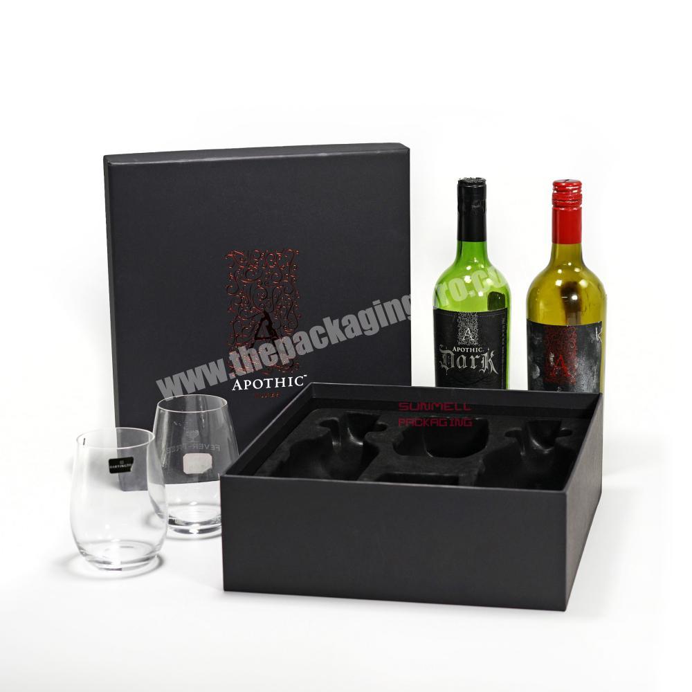 Custom Matt Black Double Bottle Wine And Glasses Packing Cardboard Box With Flocking Plastic Tray Holder