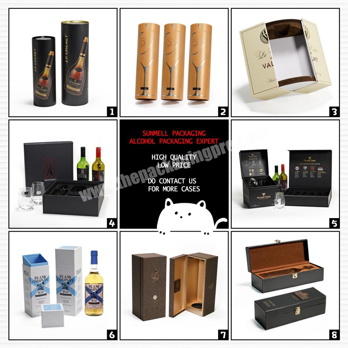 custom matt black double bottle wine and glasses packing cardboard box with flocking plastic tray holder