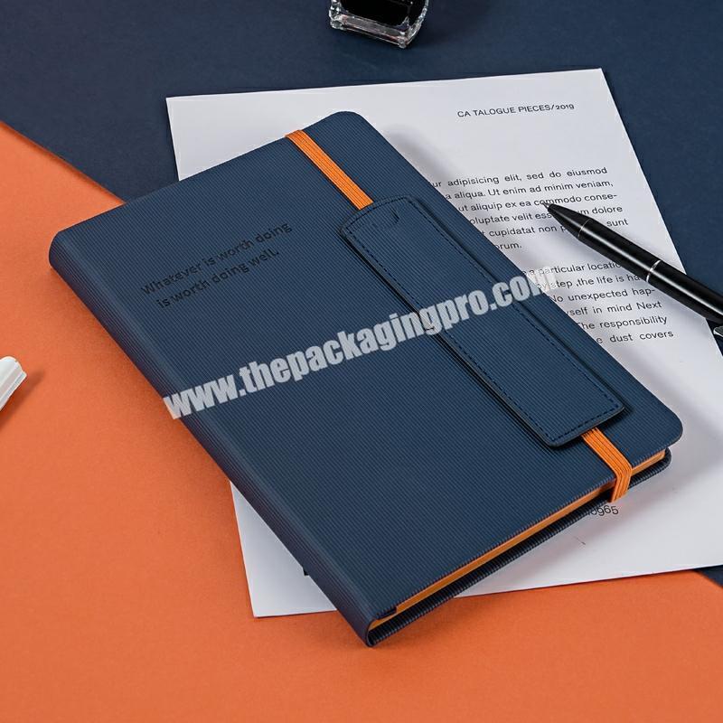Custom Orange Dark Blue Notebook Emboss Logo Diary With Leather Band And Pen Holder A4 A5 Hard Cover Agenda Journal Pained Edges