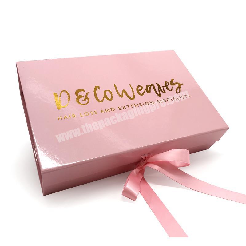 Custom Pink Packaging Boxes Ribbon with Logo Glossy Pale Square Magnet Bulk Shipping Ready Ship Hair Box with Bow Pink Gift Box
