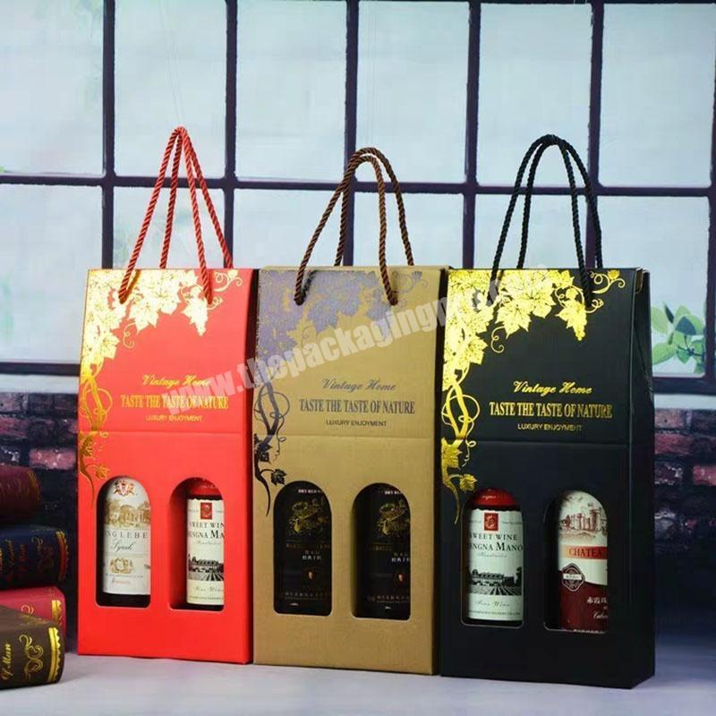 Custom portable Promotional 1 Bottle 2 Bottles Wine Spirits Beer Paper Packaging Boxes with Handles