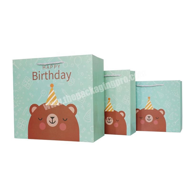 Custom Printed Cute Teddy Bear Pattern Azure Sky Blue Coloured Paper Bag Kids Christmas Paper Gift Bags With Handles