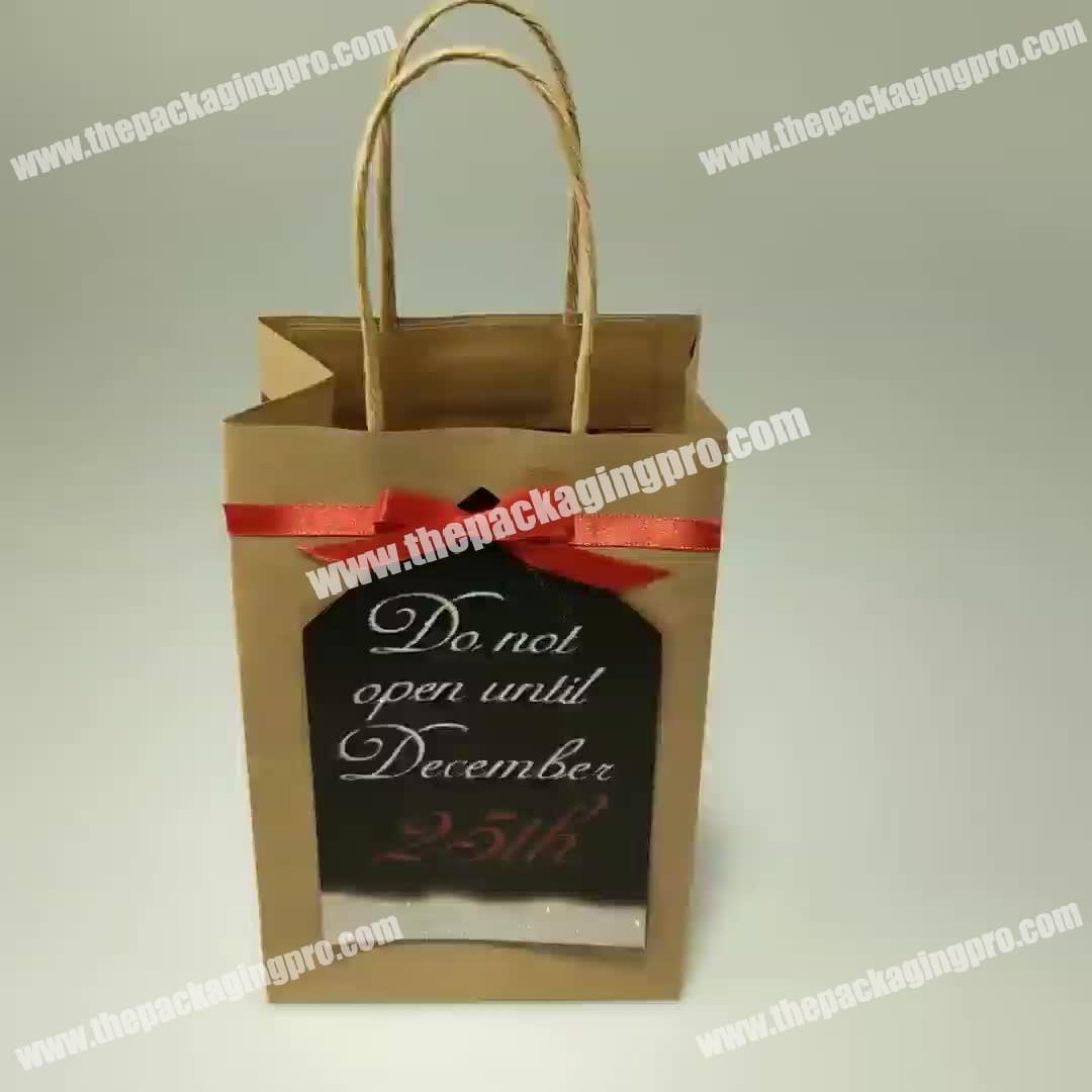 Custom Printed Logo Glitter Christmas Snowman paper  Kraft shopping bags Luxury gift bags with ribbon handle