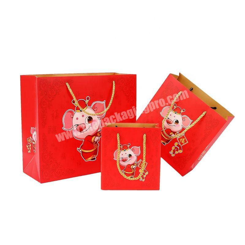 Custom Printed Red Cartoon Design Kids Paper Shopping Bags New Year Gift Packaging Bag With Handles