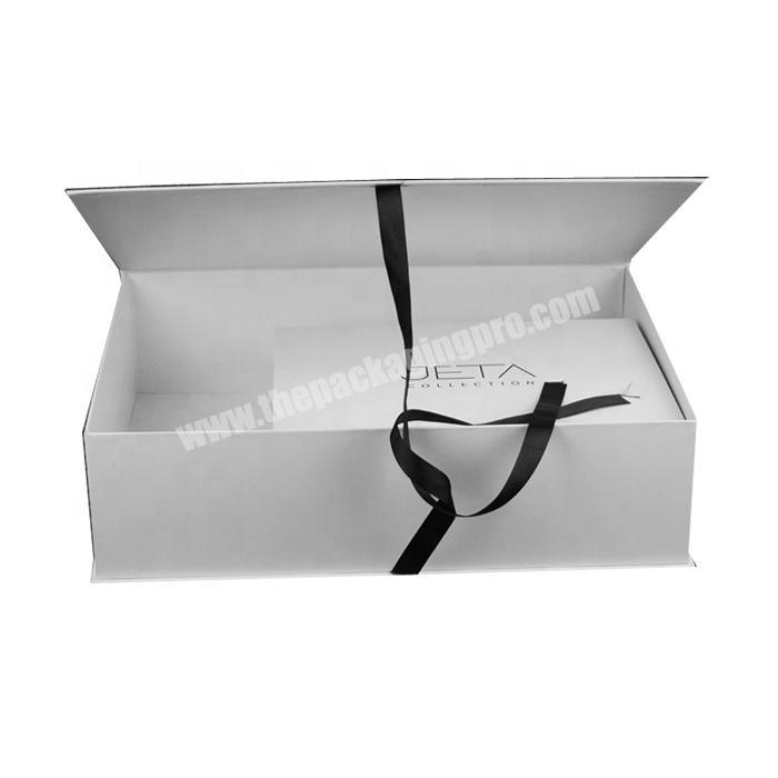 Custom printed rigid gift box with clamshell lid and ribbon tie