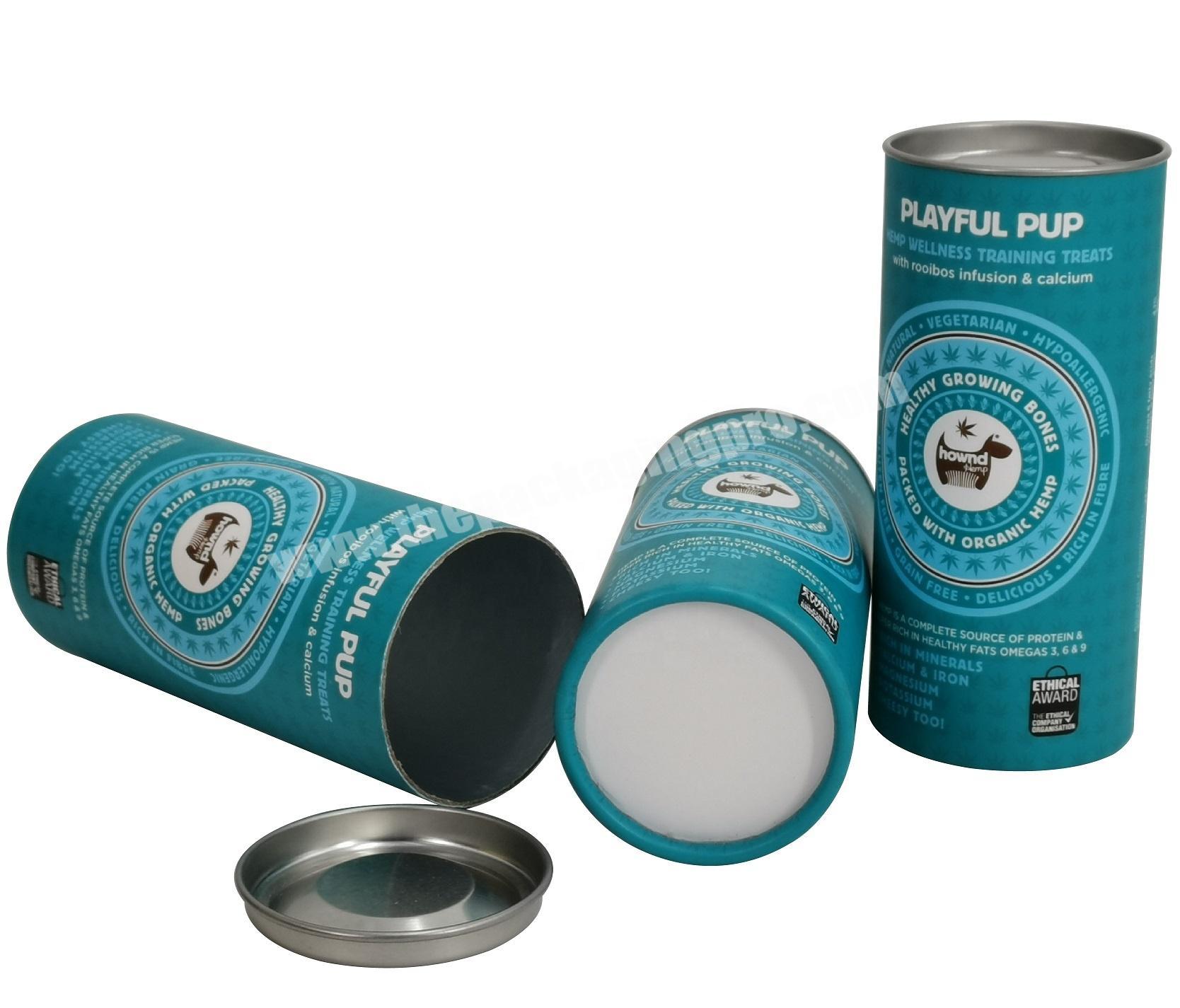 Custom Printed Rolled Edge Bottom Tube Pup Health Pet Food Packaging Paper Cans With Silver Tin Lid and Aluminum Foil Liner