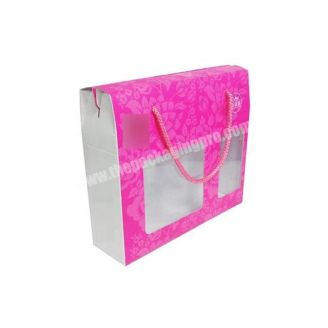 custom printing pink corrugated die cut flat pack shampoo bottle cosmetics gift foldable carton box with PET window