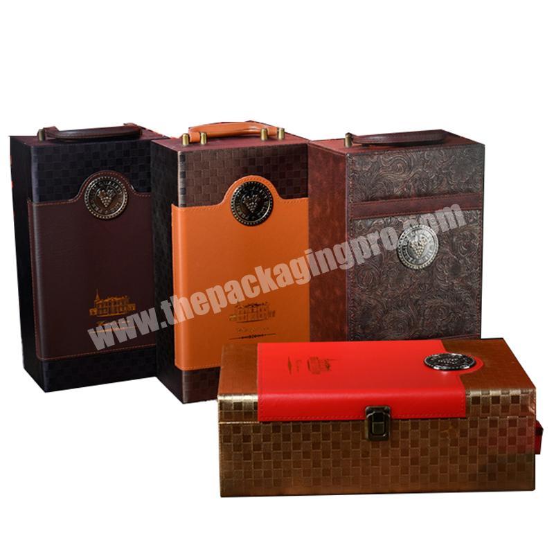 Custom Pu leather wholesale gold wine luxuery gift bottle packaging box single classical 2 bottle box for wine with bar tools