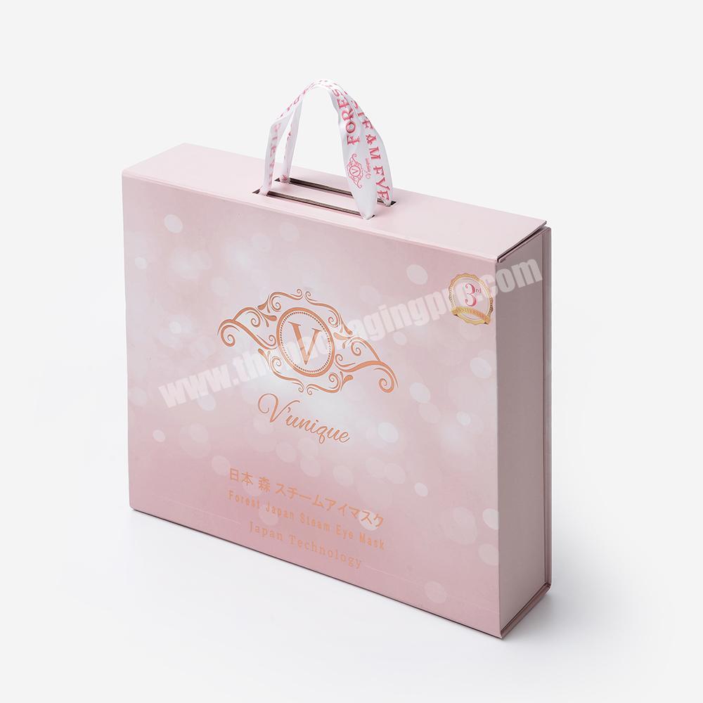 Custom Ribbon Handle Pink Folding Packaging Hair Extension Cardboard Box With Magnetic Closure