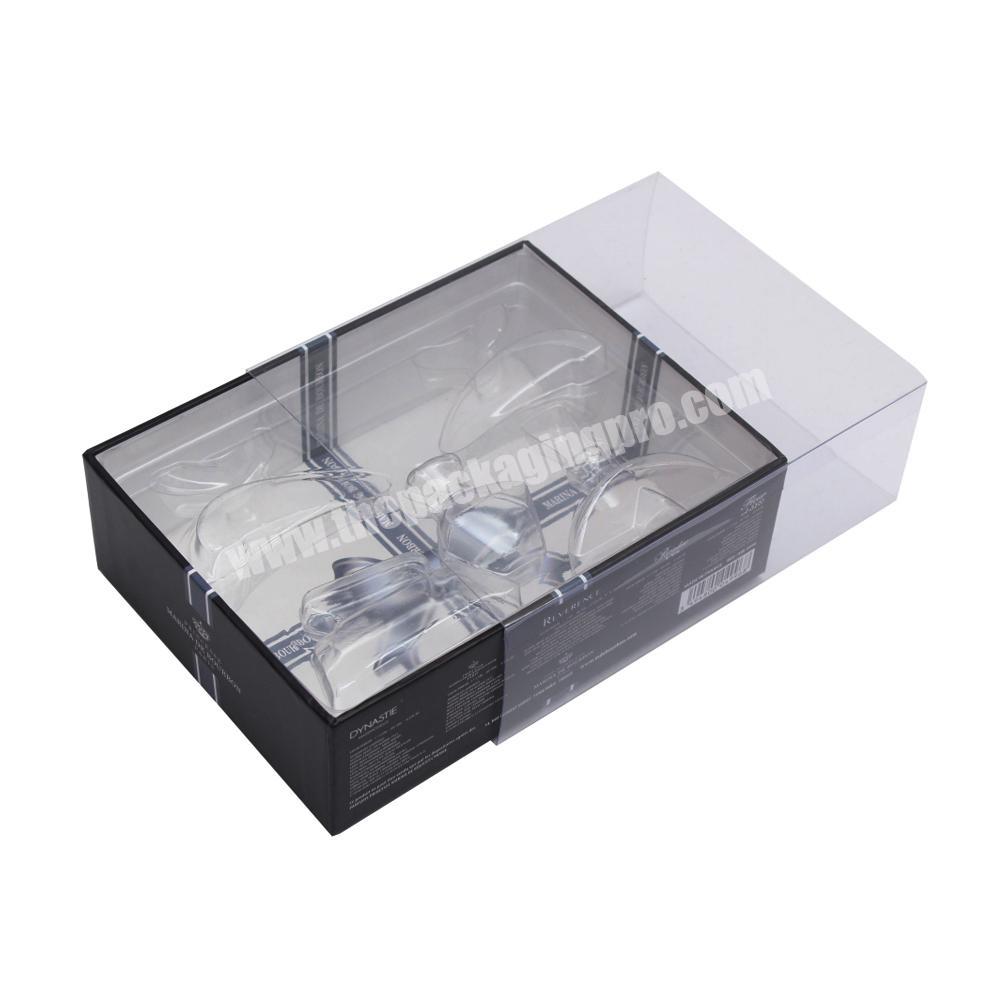 Custom rigid cardboard drawer box with clear plastic cover display box with vacuum tray for cosmetic set